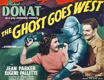 The Ghost Goes West: In this supernatural comedy, Peggy Martin (Jean Parker), the daughter of a wealthy American businessman (Eugene Pallette), persuades her father to buy a haunted Scottish castle from Donald Glourie (Robert Donat). As the castle is dismantled and transported to Florida, its ghost tags along. Donald and Peggy begin to fall in love, but the restless apparition proves to be an unwelcome presence, and they must find a way to appease the kilt-wearing spirit. 1935